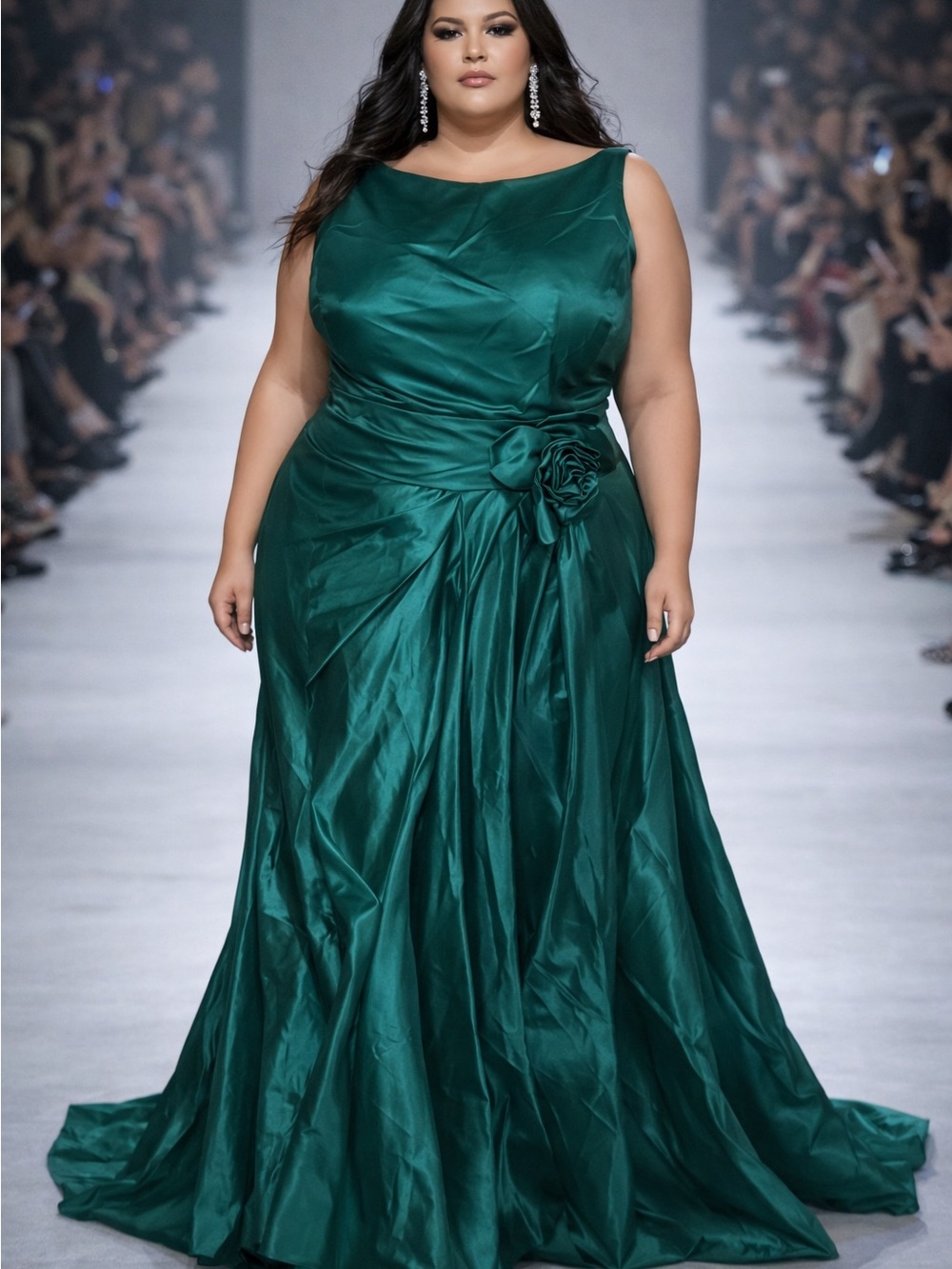 Plus Size Emerald Green Satin Evening Gown with Rosette Waist
